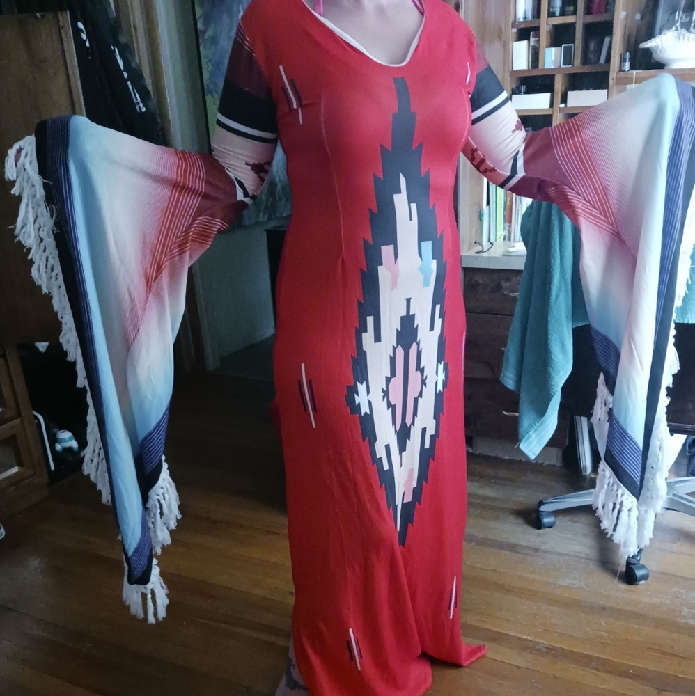Aztec tribal/ Mexican blanket patterned maxi dress with kimono sleeves